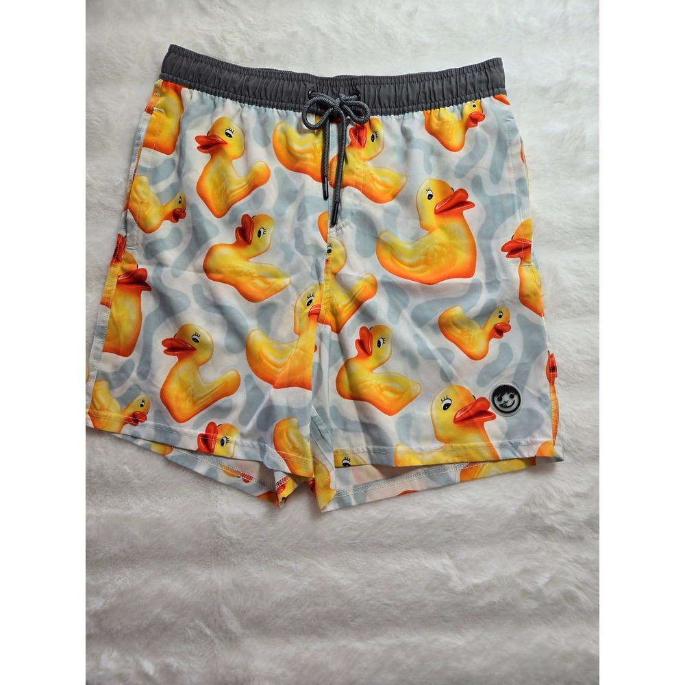 Neff Mens Large Rubber Ducky Swim Trunks Grey Yellow Board Shorts Novel  Print L